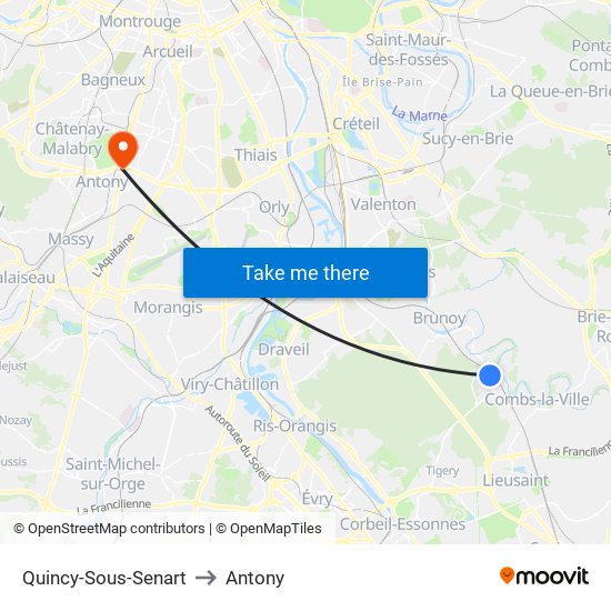 Quincy-Sous-Senart to Antony map