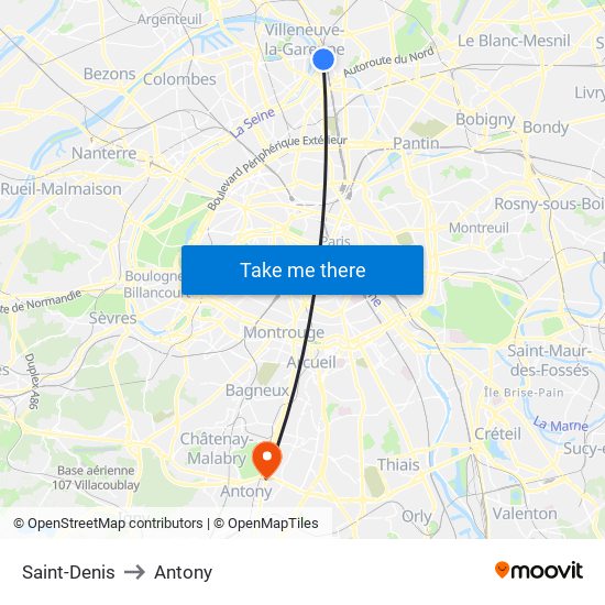 Saint-Denis to Antony map