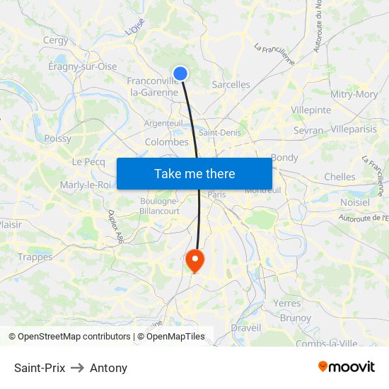 Saint-Prix to Antony map