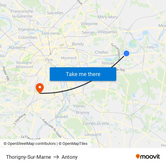 Thorigny-Sur-Marne to Antony map