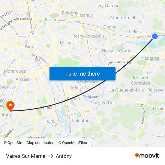 Vaires-Sur-Marne to Antony map