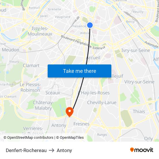 Denfert-Rochereau to Antony map