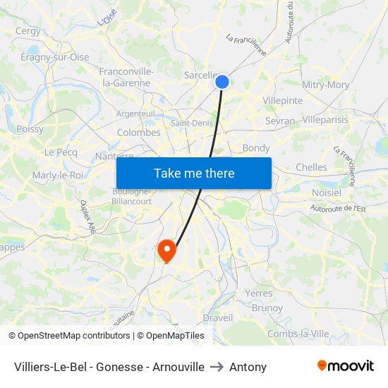 Villiers-Le-Bel - Gonesse - Arnouville to Antony map