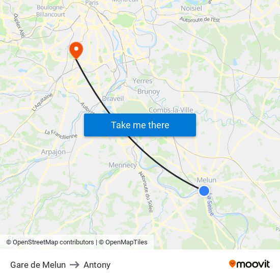 Gare de Melun to Antony map