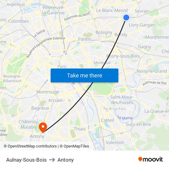 Aulnay-Sous-Bois to Antony map