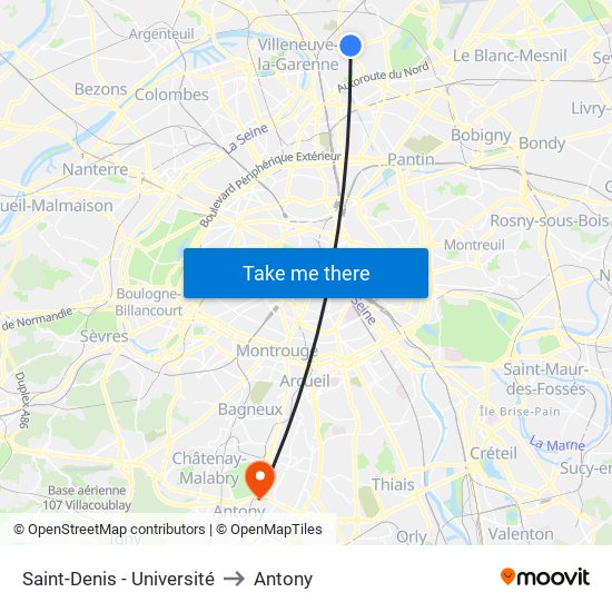 Saint-Denis - Université to Antony map
