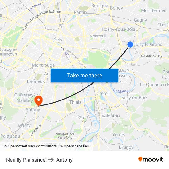 Neuilly-Plaisance to Antony map