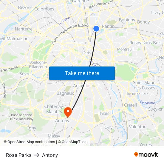 Rosa Parks to Antony map