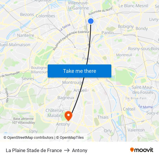 La Plaine Stade de France to Antony map