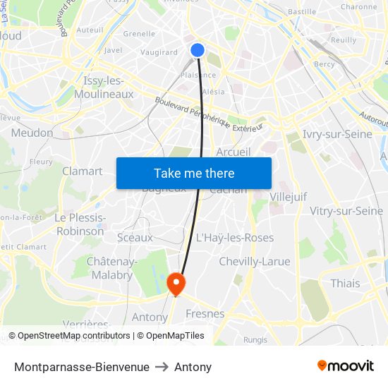 Montparnasse-Bienvenue to Antony map