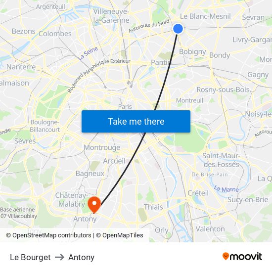 Le Bourget to Antony map