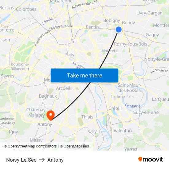 Noisy-Le-Sec to Antony map