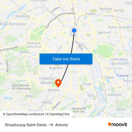 Strasbourg-Saint-Denis to Antony map