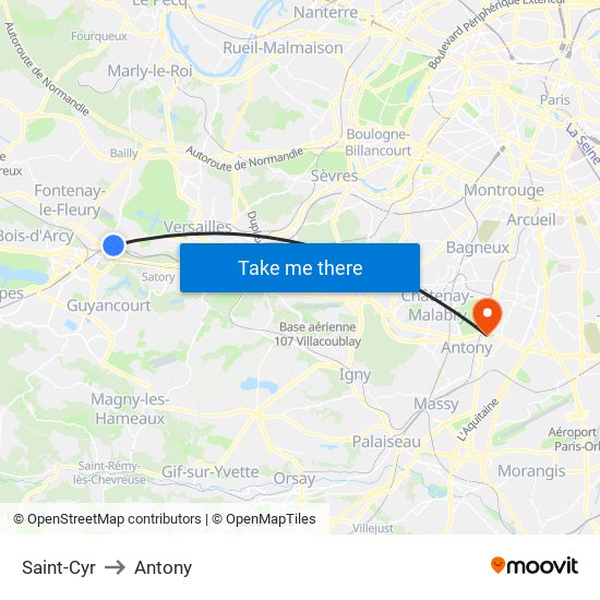 Saint-Cyr to Antony map