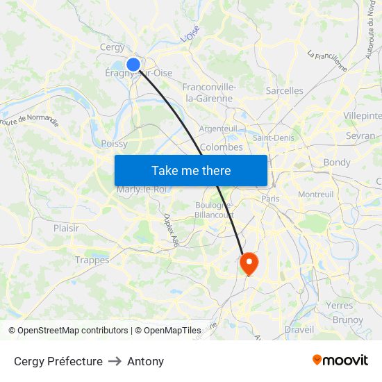 Cergy Préfecture to Antony map