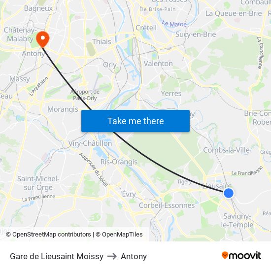 Gare de Lieusaint Moissy to Antony map