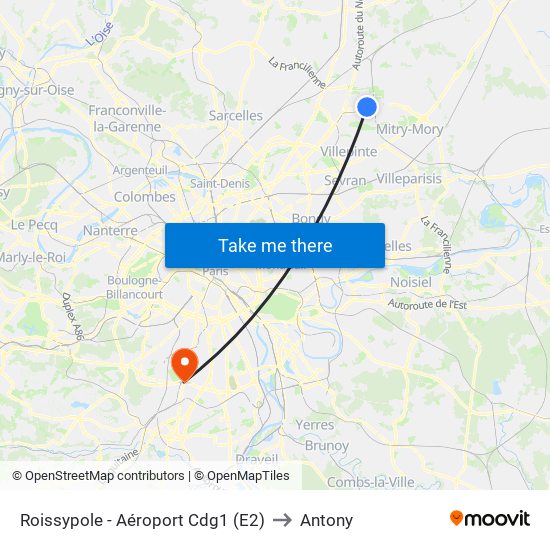 Roissypole - Aéroport Cdg1 (E2) to Antony map