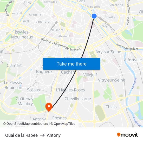 Quai de la Rapée to Antony map