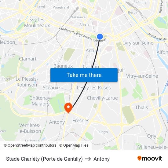 Stade Charléty (Porte de Gentilly) to Antony map