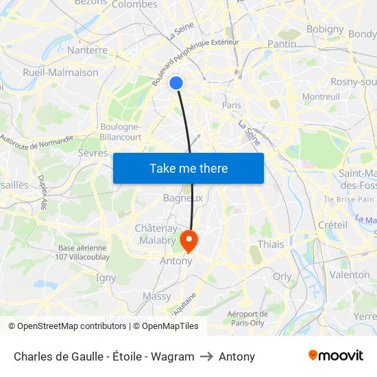 Charles de Gaulle - Étoile - Wagram to Antony map