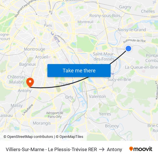 Villiers-Sur-Marne - Le Plessis-Trévise RER to Antony map