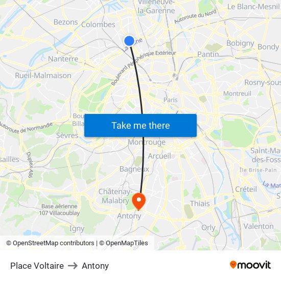 Place Voltaire to Antony map