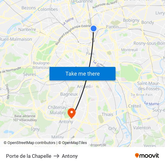 Porte de la Chapelle to Antony map