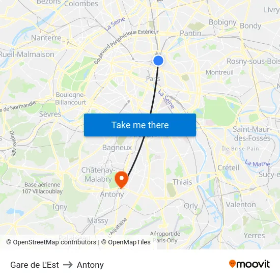 Gare de L'Est to Antony map