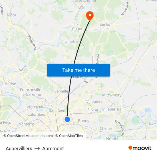 Aubervilliers to Apremont map