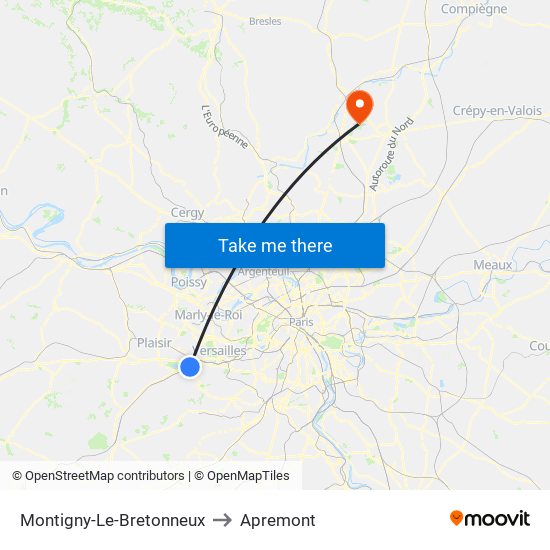 Montigny-Le-Bretonneux to Apremont map