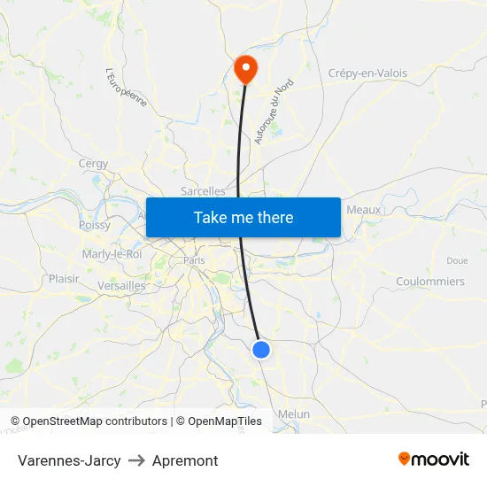 Varennes-Jarcy to Apremont map