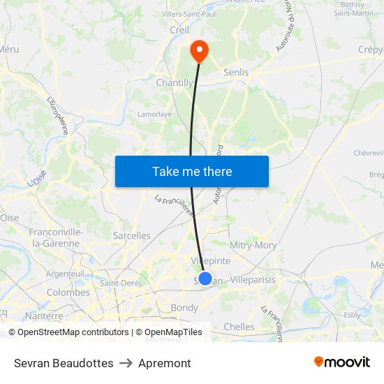 Sevran Beaudottes to Apremont map