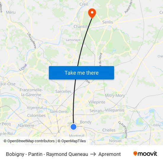 Bobigny - Pantin - Raymond Queneau to Apremont map