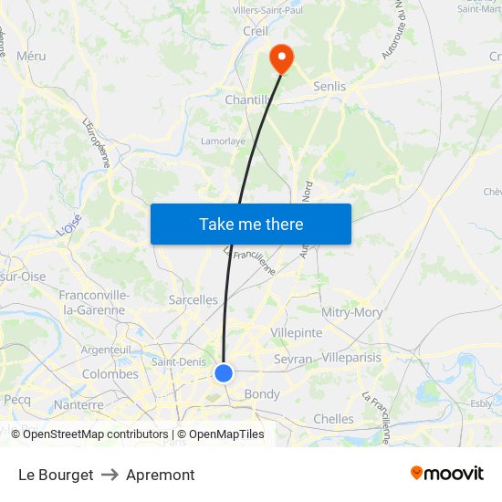 Le Bourget to Apremont map