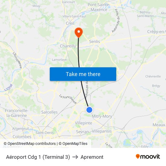 Aéroport Cdg 1 (Terminal 3) to Apremont map