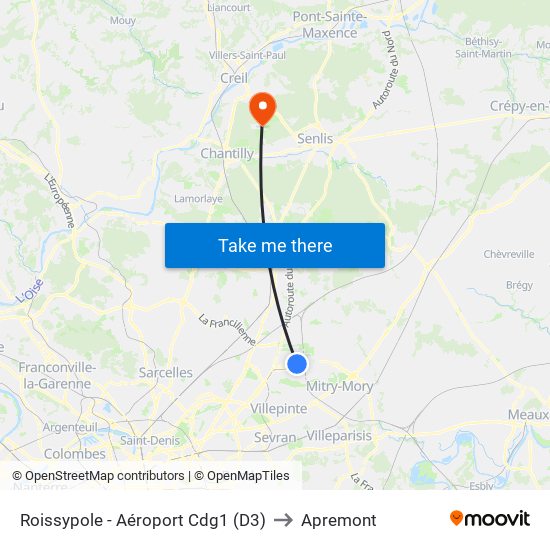 Roissypole - Aéroport Cdg1 (D3) to Apremont map