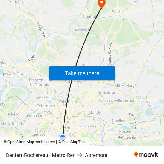 Denfert-Rochereau - Métro-Rer to Apremont map