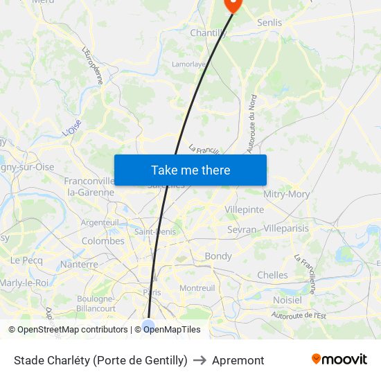 Stade Charléty (Porte de Gentilly) to Apremont map