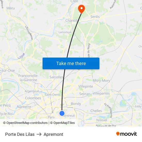 Porte Des Lilas to Apremont map