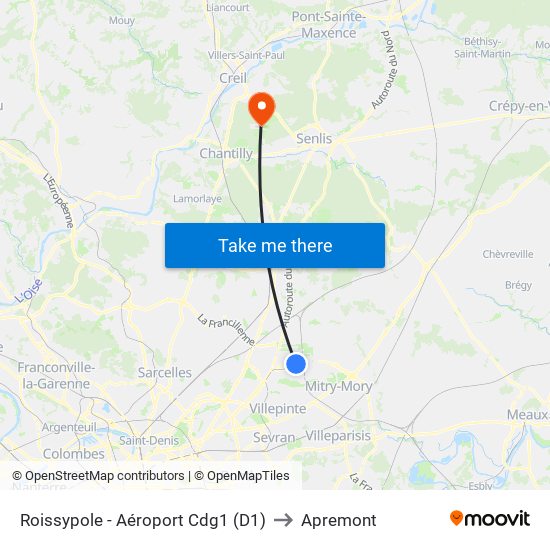 Roissypole - Aéroport Cdg1 (D1) to Apremont map
