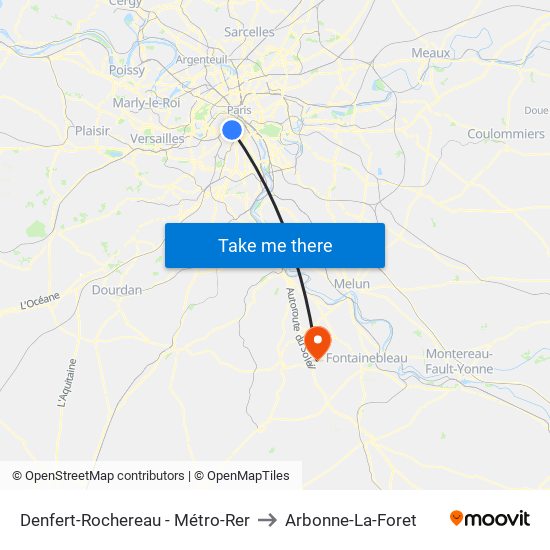 Denfert-Rochereau - Métro-Rer to Arbonne-La-Foret map