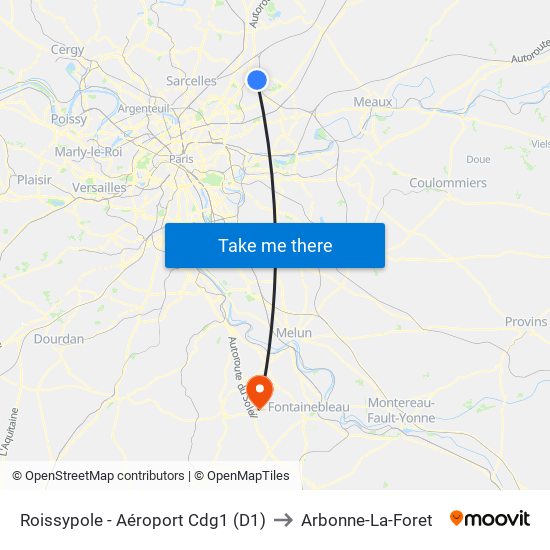 Roissypole - Aéroport Cdg1 (D1) to Arbonne-La-Foret map