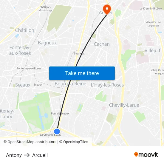 Antony to Arcueil map