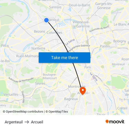 Argenteuil to Arcueil map