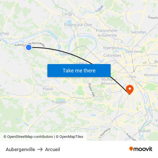 Aubergenville to Arcueil map