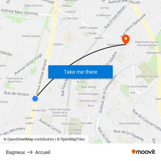 Bagneux to Arcueil map