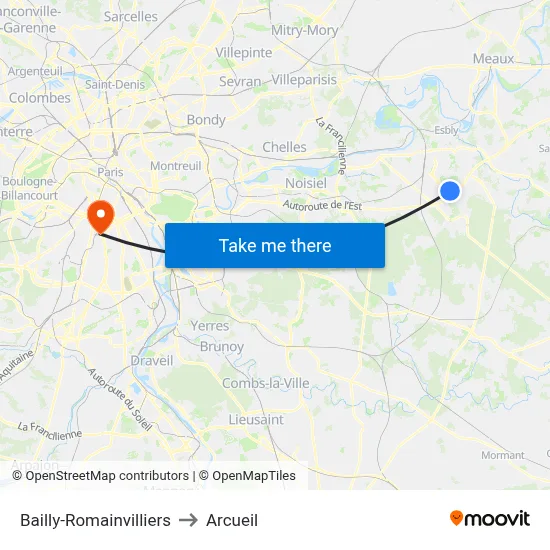 Bailly-Romainvilliers to Arcueil map