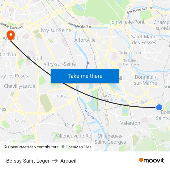 Boissy-Saint-Leger to Arcueil map