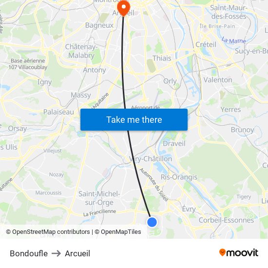 Bondoufle to Arcueil map
