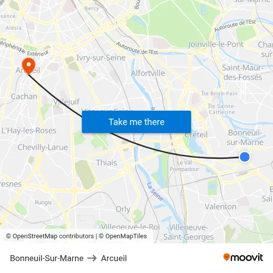 Bonneuil-Sur-Marne to Arcueil map